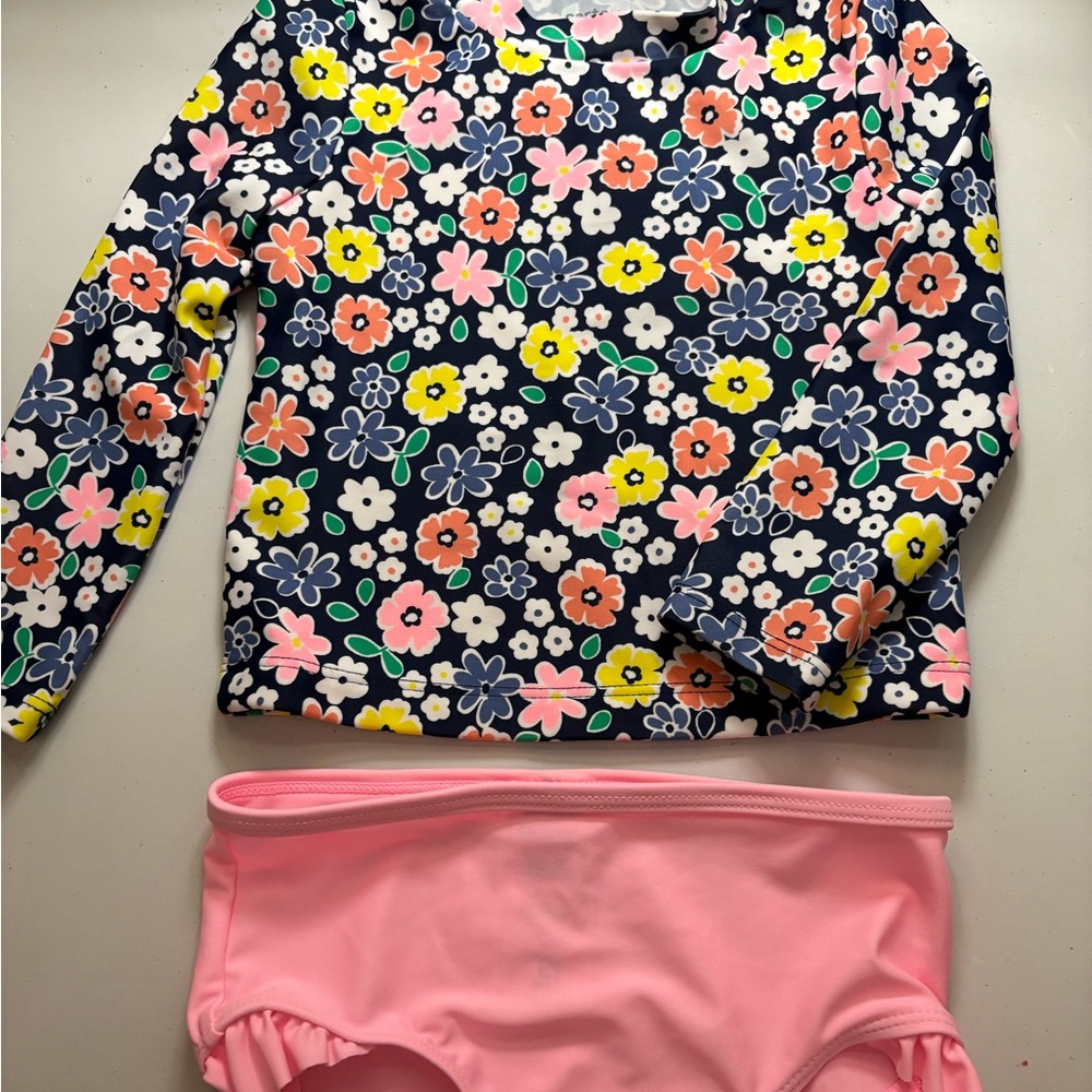 Pool Time Carter's Navy Floral Long-Sleeve Rashguard with Pink Swim Bottoms